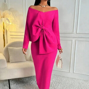 Hot Pink Elegant Women's Bowknot Decorated Off-Shoulder Long Sleeve Dress